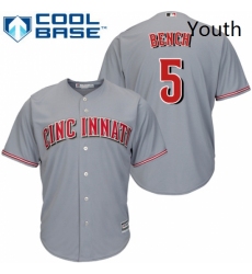 Youth Majestic Cincinnati Reds 5 Johnny Bench Replica Grey Road Cool Base MLB Jersey