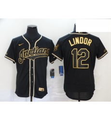 Indians 12 Francisco Lindor Black Gold 2020 Nike Flexbase Jersey