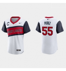 Men Cleveland Indians 55 Roberto Perez Men Nike White 2021 Little League Class Authentic MLB Jersey