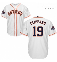 Mens Majestic Houston Astros 19 Tyler Clippard Replica White Home 2017 World Series Champions Cool Base MLB Jersey 