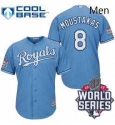 Mens Majestic Kansas City Royals 8 Mike Moustakas Authentic Light Blue Alternate 1 Cool Base 2015 World Series