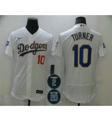 Men Los Angeles Dodgers 10 Justin Turner White Gold 2 20 Patch Stitched MLB Flex Base Nike Jersey