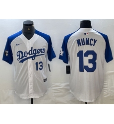 Men Los Angeles Dodgers 13 Max Muncy White Blue Vin Patch Cool Base Stitched Baseball Jersey 1