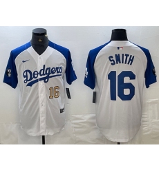 Men Los Angeles Dodgers 16 Will Smith White Blue Vin Patch Cool Base Stitched Baseball Jersey 7