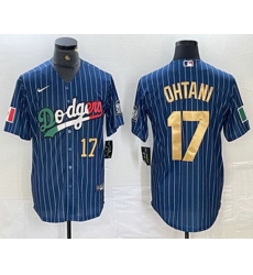 Men Los Angeles Dodgers 17 Shohei Ohtani Number Mexico Blue Gold Pinstripe Cool Base Stitched Jersey