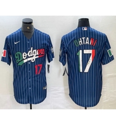 Men Los Angeles Dodgers 17 Shohei Ohtani Number Mexico Blue Pinstripe Cool Base Stitched Jersey