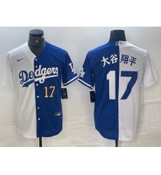 Men Los Angeles Dodgers 17 Shohei Ohtani White Blue Split Cool Base Stitched Baseball Jersey B