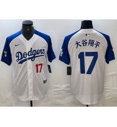 Men Los Angeles Dodgers 17 Shohei Ohtani White Blue Vin Patch Cool Base Stitched Baseball Jersey 2