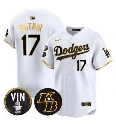 Men Los Angeles Dodgers 17 Shohei Ohtani White Gold Vin  26 Kobe Patch Cool Base Stitched Baseball Jersey
