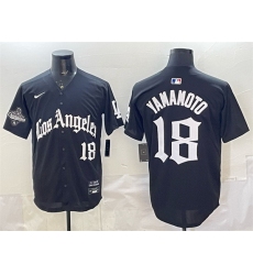 Men Los Angeles Dodgers 18 Yoshinobu Yamamoto Black LA Gothic Style With 2025 World Series Champions Patch Limited Stitched Baseball Jersey Men Los Angeles Dodgers 18 Yoshinobu Yamamoto Black LA Gothic Style With 2025 World Series Champions Patch Limited Stitched Baseball Jersey