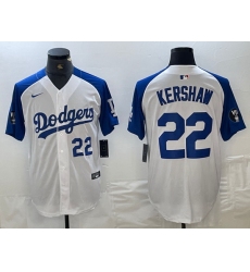 Men Los Angeles Dodgers 22 Clayton Kershaw White Blue Vin Patch Cool Base Stitched Baseball Jersey 3