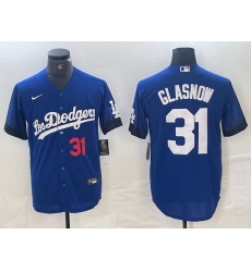 Men Los Angeles Dodgers 31 Tyler Glasnow Blue City Connect Cool Base Stitched Baseball Jersey 4
