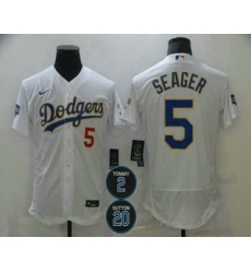 Men Los Angeles Dodgers 5 Corey Seager White 2 20 Patch Flex Base Sttiched MLB Jersey