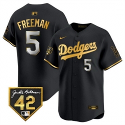 Men Los Angeles Dodgers 5 Freddie Freeman Black Gold With Jackie Robinson Patch Limited Stitched Baseball Jersey 925