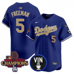 Men Los Angeles Dodgers 5 Freddie Freeman Royal Gold 2024 World Series Champions With Vin Scully  26 34 Fernando Patch Vapor Limited Stitched Baseball Jers