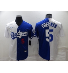 Men Los Angeles Dodgers 5 Freddie Freeman White Blue Split Cool Base Stitched Baseball Jersey