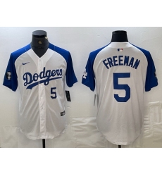 Men Los Angeles Dodgers 5 Freddie Freeman White Blue Vin Patch Cool Base Stitched Baseball Jersey 1