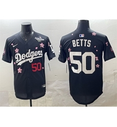 Men Los Angeles Dodgers 50 Mookie Betts Black 2025 World Series Patch Tokyo Series Limited Stitched Baseball Jersey