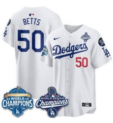 Men Los Angeles Dodgers 50 Mookie Betts White 2025 World Series Champions  26 Back to Back Champions With No 34 Patch Limited Stitched Baseball Jersey