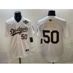 Men Los Angeles Dodgers 50 Mookie Betts White Gold 2025 World Series Patch Limited Stitched Baseball Jersey