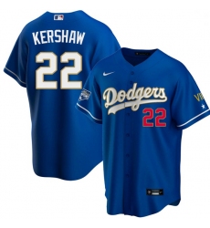 Men Los Angeles Dodgers Clayton Kershaw 22 Championship Gold Trim Blue Limited All Stitched Flex Base Jersey