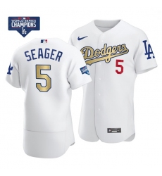 Men Los Angeles Dodgers Corey Seager 5 Gold Program White Flex Base Stitched Jersey