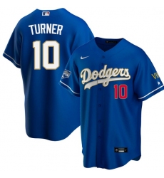 Men Los Angeles Dodgers Justin Turner 10 Championship Gold Trim Blue Limited All Stitched Flex Base Jersey