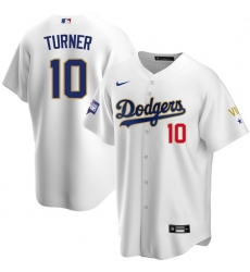 Men Los Angeles Dodgers Justin Turner 10 Championship Gold Trim White Limited All Stitched Flex Base Jersey