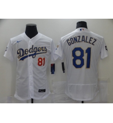 Men Los Angeles Dodgers Luis Gonzalez 81 Championship Gold Trim  VII White Limited All Stitched Flex Base Jersey