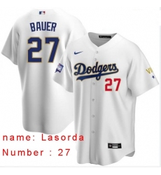 Men Los Angeles Dodgers Tommy Lasorda 27 Championship Gold Trim White Limited All Stitched Flex Base Jersey