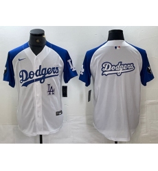 Men Los Angeles Dodgers big logo White Blue Vin Patch Cool Base Stitched Baseball Jersey 15