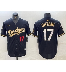 Mens Los Angeles Dodgers 17 Shohei Ohtani Number Black Gold Stitched Cool Base Nike Jersey