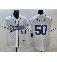 Men's Los Angeles Dodgers #50 Mookie Betts White With Patch Cool Base Stitched Baseball Jersey1