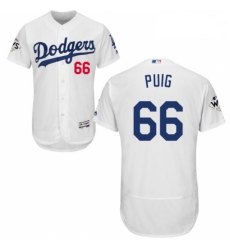 Mens Majestic Los Angeles Dodgers 66 Yasiel Puig Authentic White Home 2017 World Series Bound Flex Base Jersey