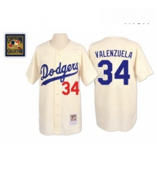 Mens Mitchell and Ness Los Angeles Dodgers 34 Fernando Valenzuela Replica Cream Throwback MLB Jersey