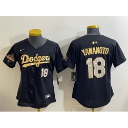 Women Los Angeles Dodgers 18 Yoshinobu Yamamoto Black Gold 2025 World Series Champions Patch Limited Stitched Baseball Jersey 