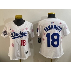 Women Los Angeles Dodgers 18 Yoshinobu Yamamoto White 2025 World Series Champions Patch Tokyo Series Limited Stitched Baseball Jersey 