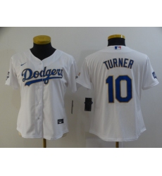 Women Los Angeles Dodgers Justin Turner 10 Championship Gold Trim White All Stitched Cool Base Jersey