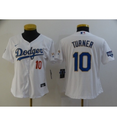 Women Los Angeles Dodgers Justin Turner 10 Championship Gold Trim White All Stitched Flex Base Jersey