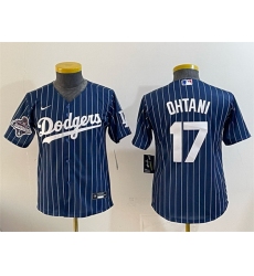 Youth Los Angeles Dodgers 17 Shohei Ohtani Navy Pinstripe 2025 World Series Champions Patch Cool Base Stitched Baseball Jersey Youth Los Angeles Dodgers 17 Shohei Ohtani Navy Pinstripe 2025 World Series Champions Patch Cool Base Stitched Baseball Jersey
