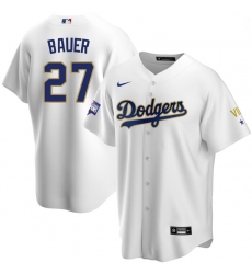 Youth Los Angeles Dodgers Trevor Bauer 27 Championship Gold Trim White Limited All Stitched Cool Base Jersey