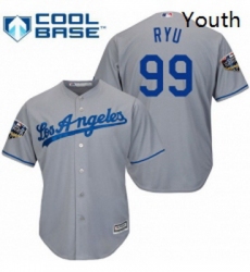 Youth Majestic Los Angeles Dodgers 99 Hyun Jin Ryu Authentic Grey Road Cool Base 2018 World Series MLB Jersey