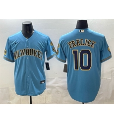 Men Milwaukee Brewers 10 Sal Frelick Blue With Home Bob Uecker Patch Stitched Baseball Jersey Men Milwaukee Brewers 10 Sal Frelick Blue With Home Bob Uecker Patch Stitched Baseball Jersey