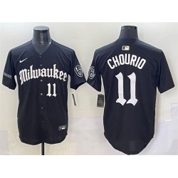 Men Milwaukee Brewers 11 Jackson Chourio Black  27Gothic 414 Shadows Edition 27 Vapor Premier Limited Stitched Jersey