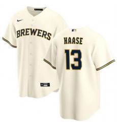 Men Milwaukee Brewers 13 Eric Haase Cream Cool Base Stitched Jersey