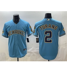 Men Milwaukee Brewers 2 Brice Turang Blue With Home Bob Uecker Patch Stitched Baseball Jersey Men Milwaukee Brewers 2 Brice Turang Blue With Home Bob Uecker Patch Stitched Baseball Jersey