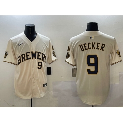 Men Milwaukee Brewers 9 Bob Uecker Cream With Home Patch Limited Stitched Baseball Jersey