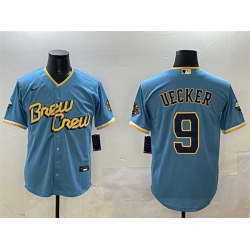 Men Milwaukee Brewers 9 Bob Uecker Powder Blue City Connect With Patch Cool Base Stitched Jersey