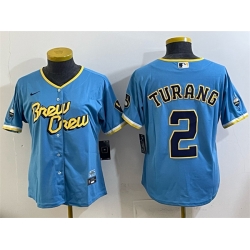 Women Milwaukee Brewers 2 Brice Turang Powder Blue City Connect Cool Base Stitched Jersey 28Run Small 29