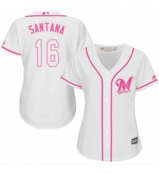 Womens Majestic Milwaukee Brewers 16 Domingo Santana Authentic White Fashion Cool Base MLB Jersey 